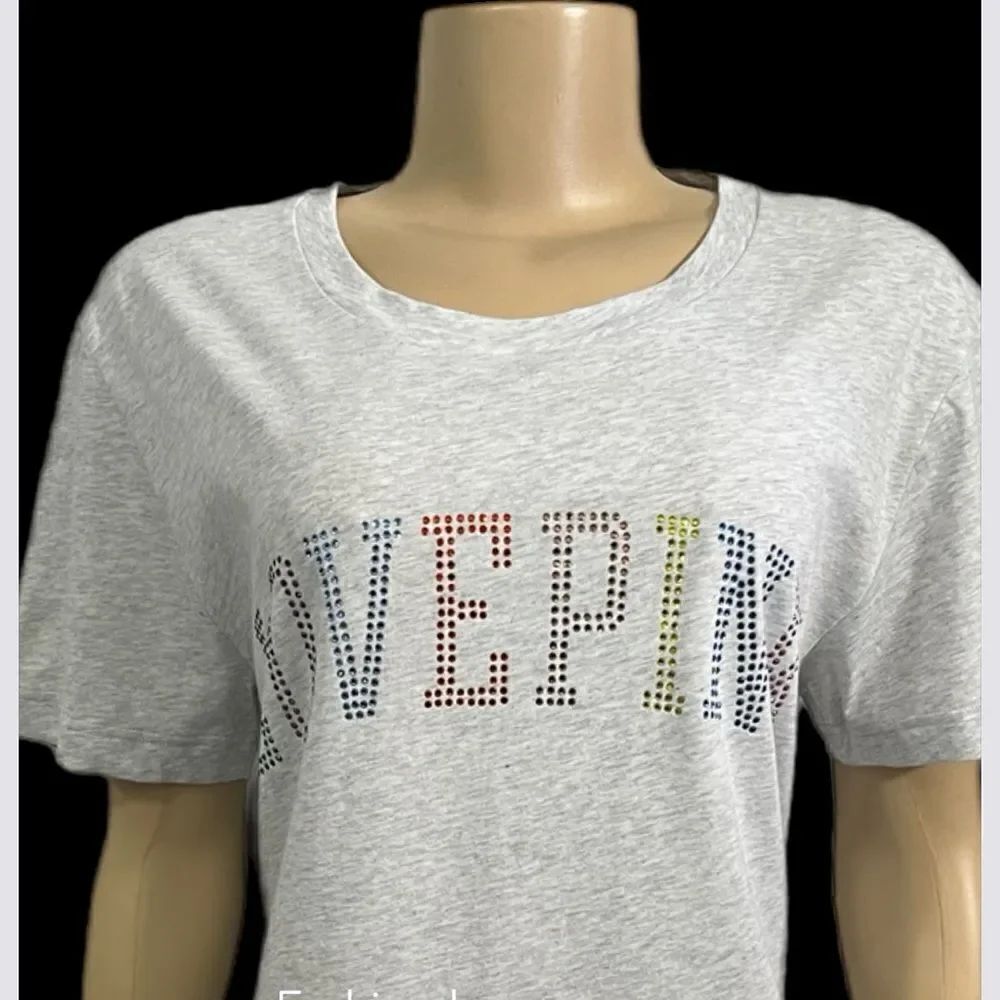 Victoria’s Secret Pink bling Rhinestone Logo Short Sleeve T-shirt Light Gray